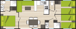 Plan du mobil home 6-8 personnes 3 chambres gamme family avec lave vaisselle
