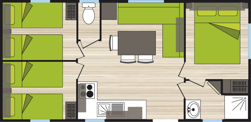 Contient 3 chambres, dans un espace de 30 m² au Camping La Boutinardière à Pornic, Loire-Atlantique
