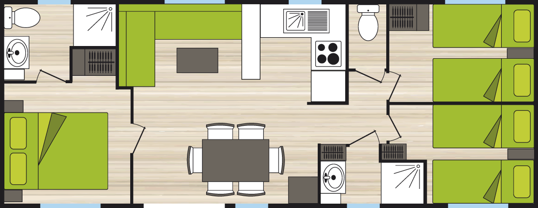 Contient 3 chambres et 2 salles d’eau. Mobil-home en gamme Grand Confort au Camping La Boutinardière à Pornic
