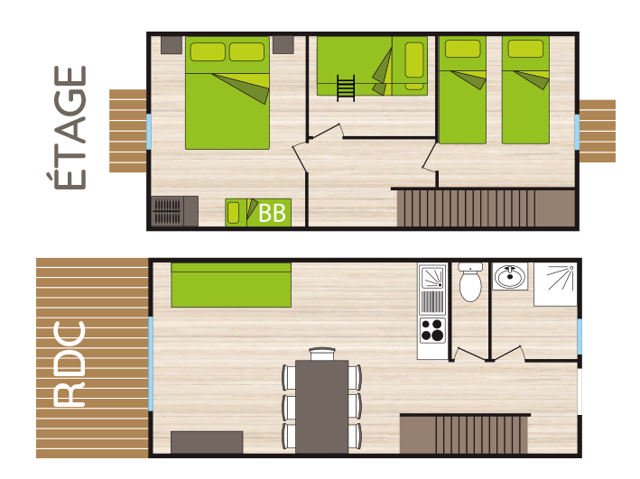 Plan maisonnette 6/8 places 3 chambres
