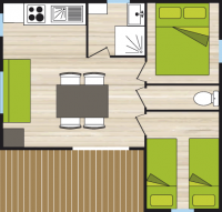 Chalet contenant deux chambres, une pièce à vivre avec salon/salle à manger cuisine équipée, salle de bain et terrasse.
