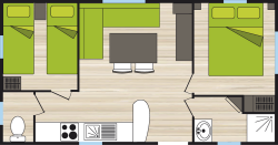 Plan du mobil home pour 4 à 6 personnes 2 chambres gamme économique avec télévision.
