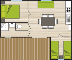 Plan d’un chalet pour 4 à 6 personnes avec 2 chambres dans camping 4 étoiles à Pornic.
