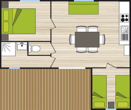 Plan d’un chalet pour 4 à 6 personnes avec deux chambres et jacuzzi extérieur

