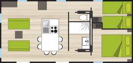Plan mobil home premium 2 à 5 personnes avec télévision, lave vaisselle, plancha et chaises longues.
