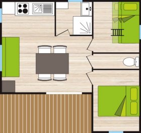 Plan d’un chalet pour 5 à 6 personnes dans camping 4 étoiles à Pornic.
